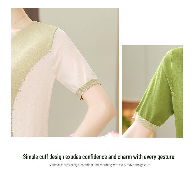 Ice Silk V-neck Summer T-shirt for Mothers and Elderly Women - Loose, Short-sleeved Knit Top