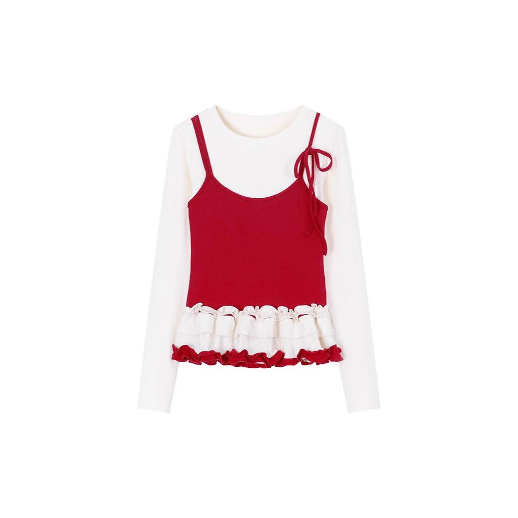 Sweet wind age-reducing fake two-piece long-sleeved T-shirt women's spring niche fungus lace inner with thin short top