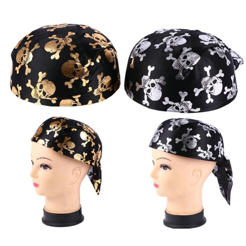 Hot Girls Skull Print Bandana Pirate Kerchief with Lovely Skull Print Turban Halloween Head Wrap Lovely Hair Kerchief