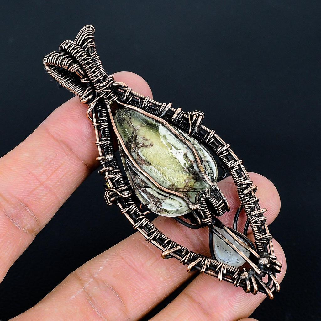 Wild Horse Jasper &  Moonstone Pendant, 999 Copper Wire Wrapped Gemstone Jewelry, Handmade Tree Of Life Pendant, For Thanksgiving