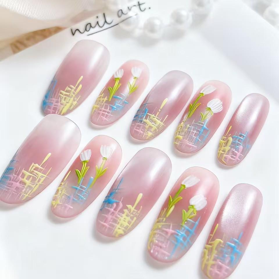 Dreamy Cherry Blossom Gradient Nail Tips: Hand-Painted Removable Girly Nail Art Stickers No Size