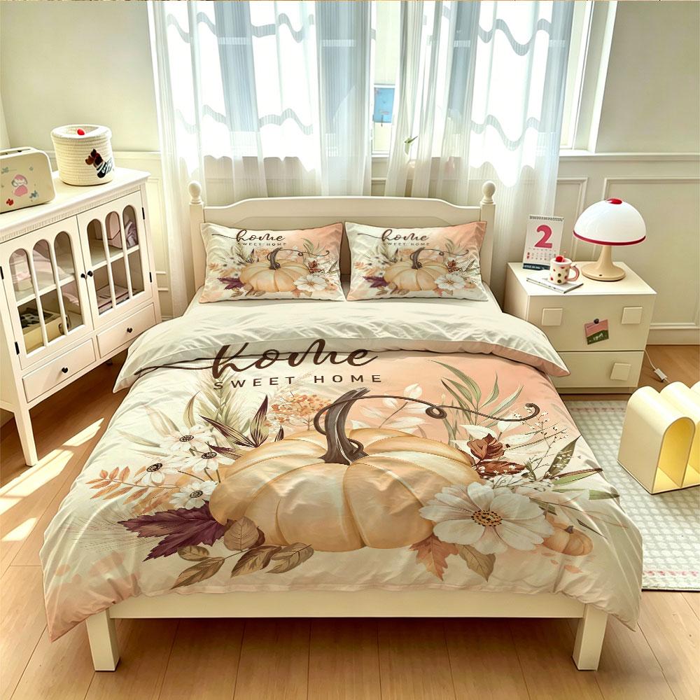 Vintage Fall Pumpkin Home Sweet Home 3Pcs Duvet Cover Set Floral Harvest Bedding Set Soft Farmhouse Bedroom Decor