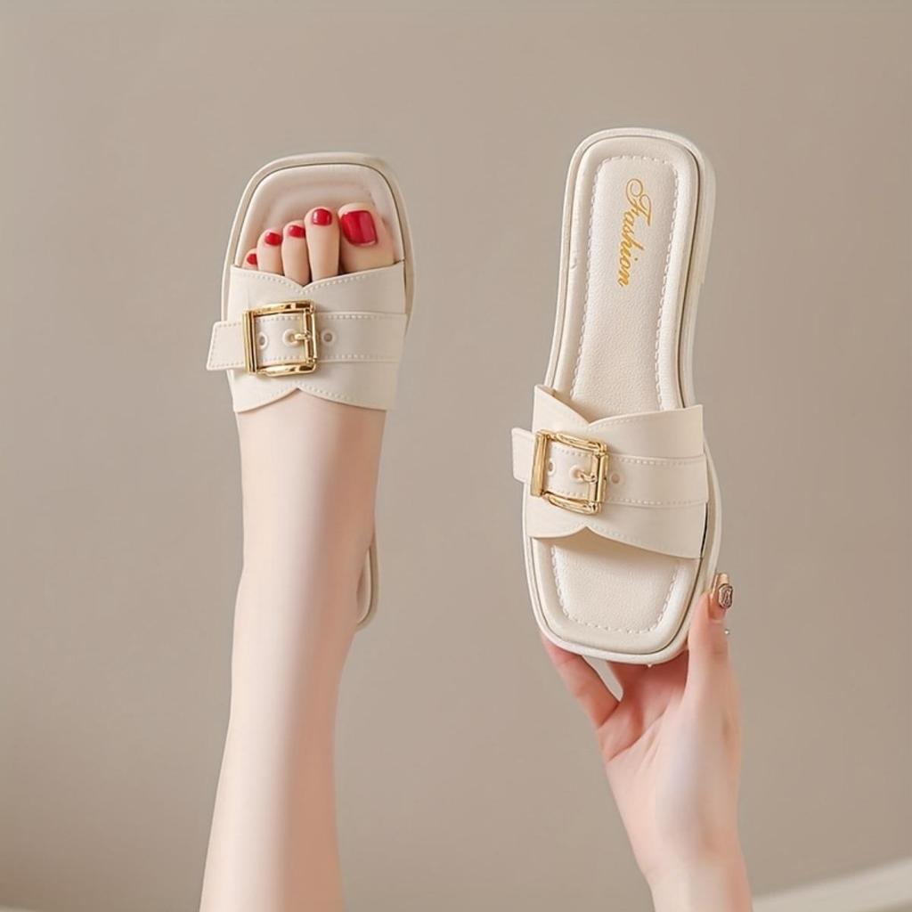 Ladies' Summer Non Slip Beach Sandals with Square Buckle Closure - One Foot Open Toe Casual Shoes, PVC Upper and Synthetic Covered Insole