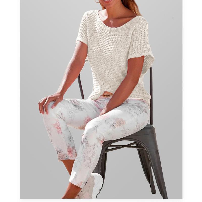 Fashion Casual Crew Neck Solid Color Knitted Sweater Loose Short Sleeve Women's Top