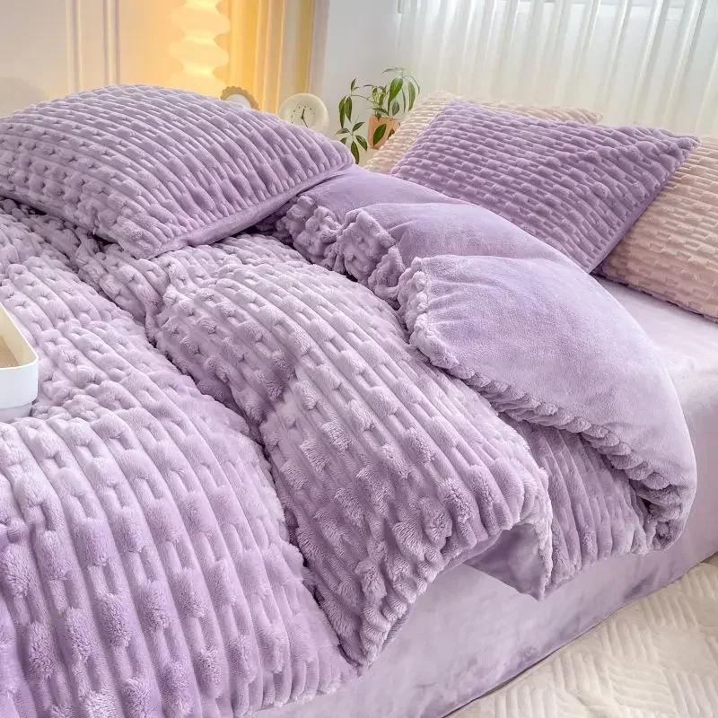 

3-4pcs Winter Warm Bedding Sets Duvet Cover Plush Sheet King Twin Queen Size Bed Flano Coral Fleece Pillowscase Bedding Set 1.2m bed 3pcs&set фіолетовий