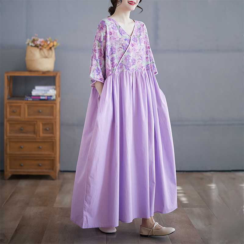 Cotton and Linen Summer Patchwork Retro Style Dress Long Skirt