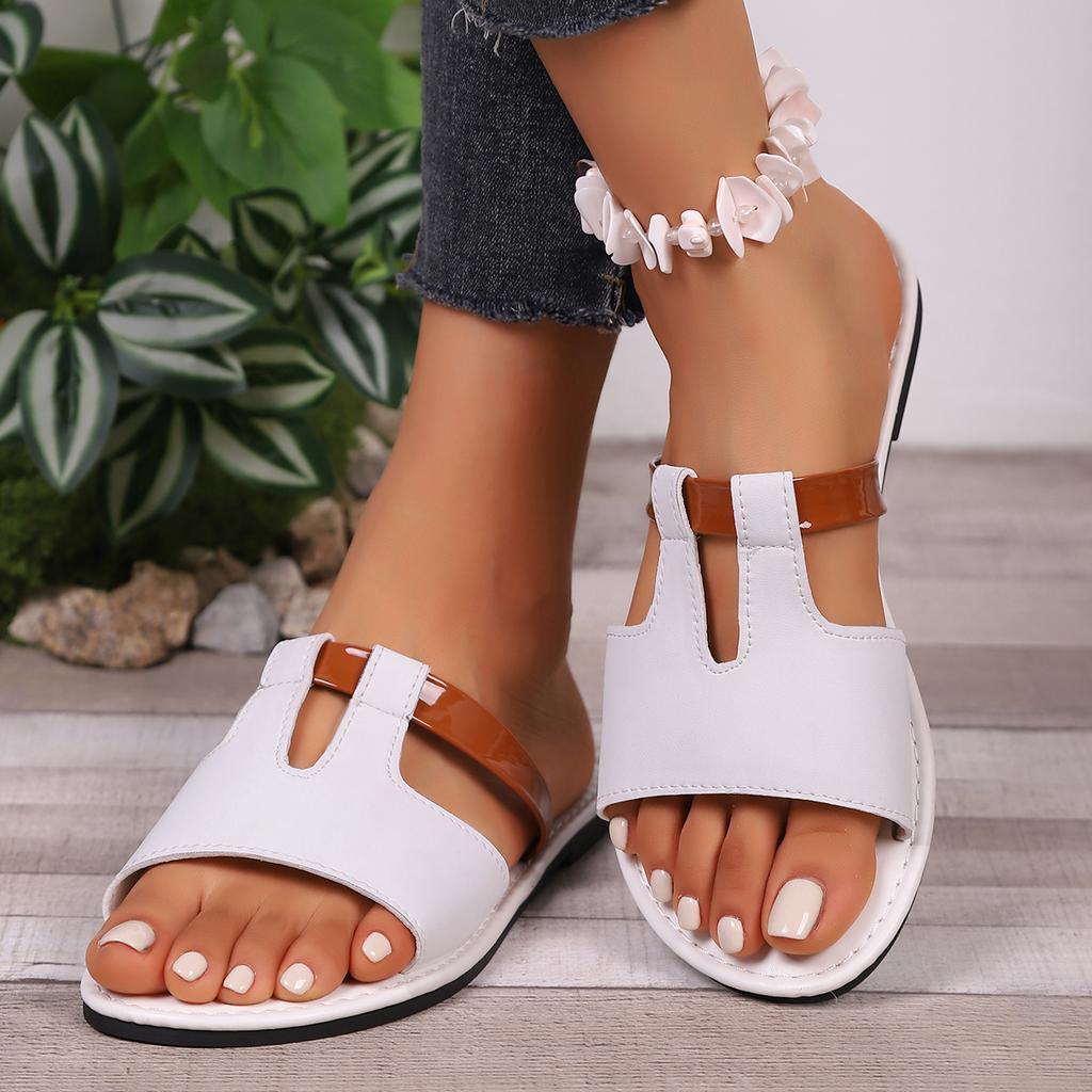 Fashion Summer New Large Size Ladies Flat Bottom Slippers S Hollow Solid Color Fish Mouth Comfortable Rubber Beach  Shoes  for Women