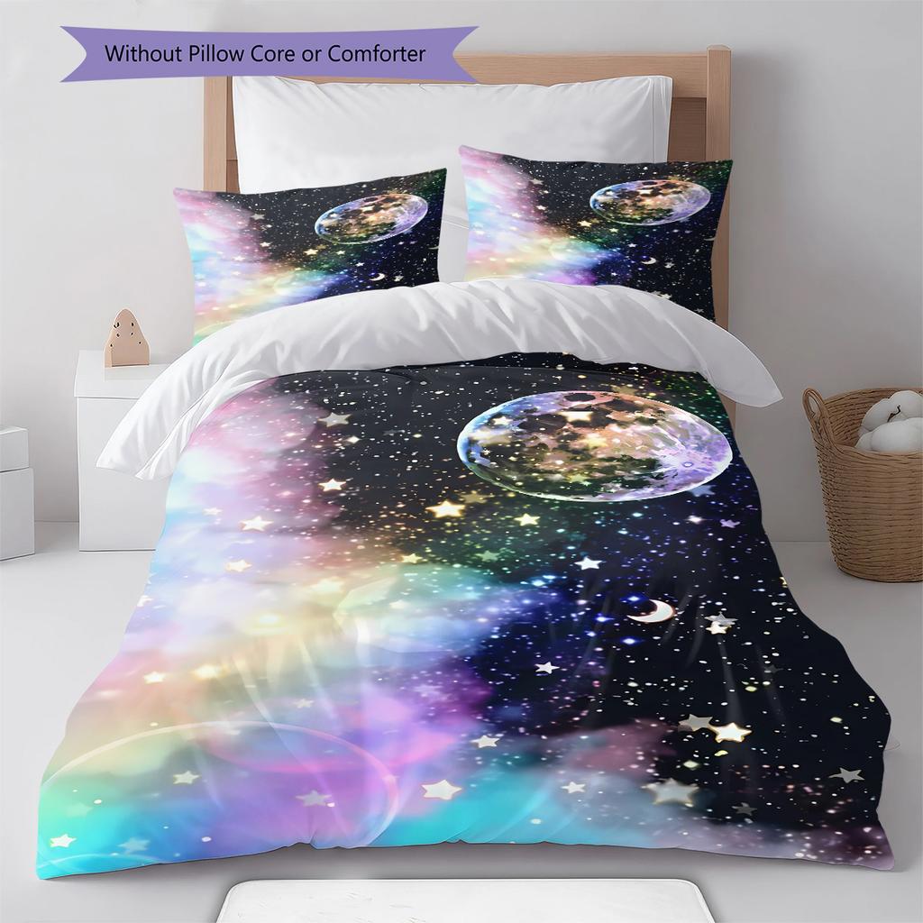 Galaxy Moon Pattern Bedding Quilt Set Quilt Cover Pillowcase Home Decoration Gift (1 * Duvet Cover + 2 * Pillowcase, Without Core)