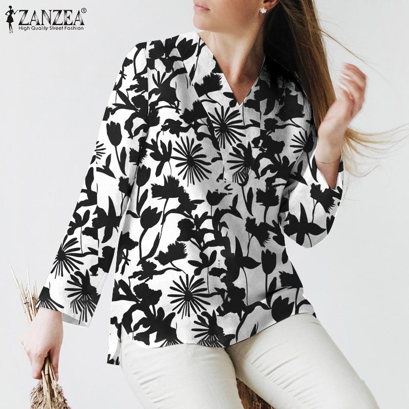 

ZANZEA Женская повседневная блузка с длинным рукавом и v-образным вырезом с принтом