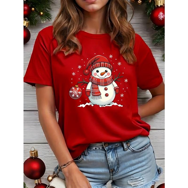 Women's round neck Christmas snowman pattern printed short sleeves