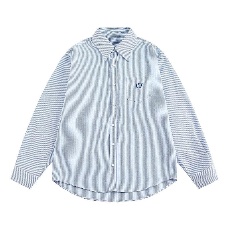 Smiley Face Embroidered Striped Shirt Women's Top Loose Korean Style Coat Long-sleeved