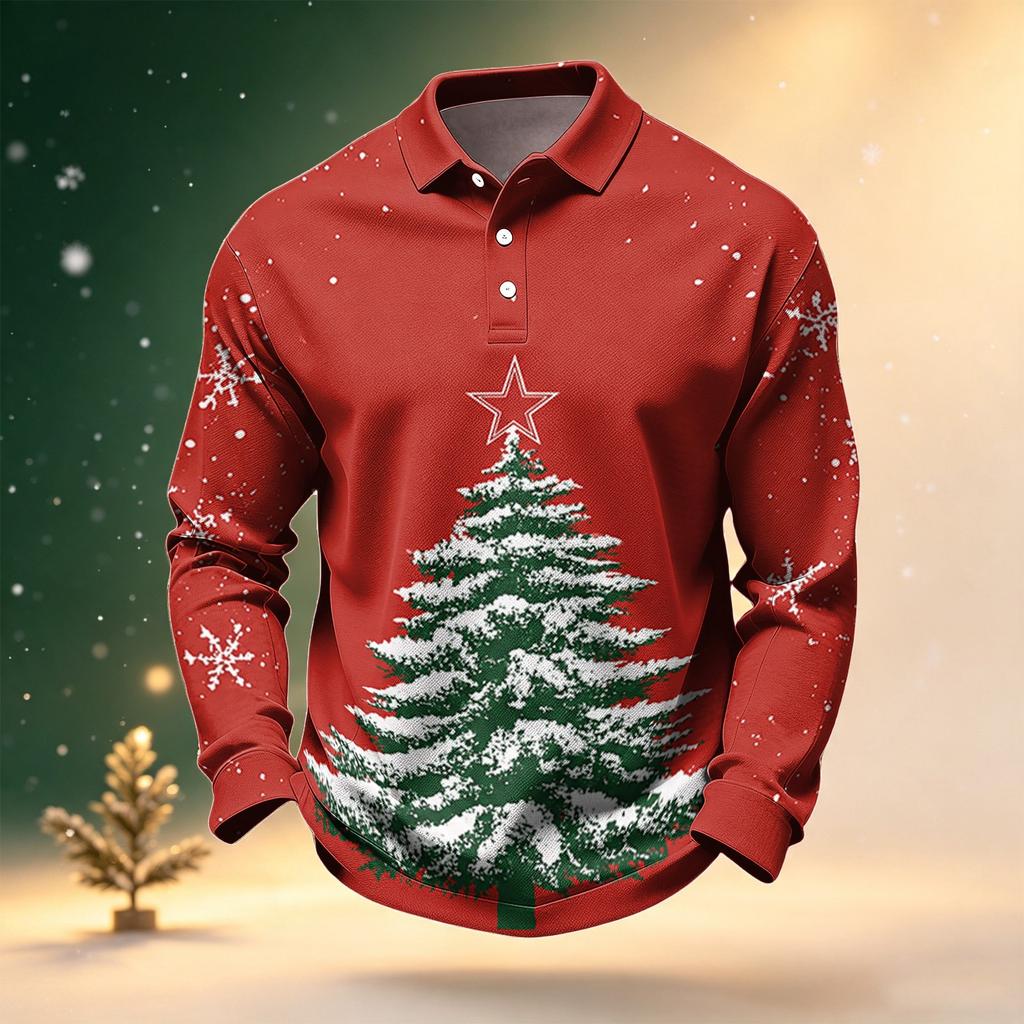 Men's Golf Shirt Long Sleeve Casual Christmas Print Quick-Dry Mesh Top