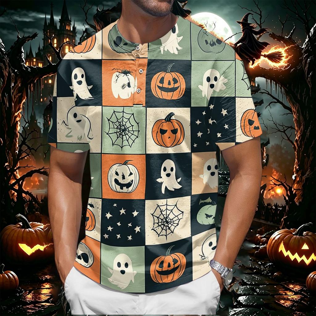 Men's Halloween Print Short Sleeve Henley Shirt Casual Round Neck Button Front Top for Seasonal Festive Wear