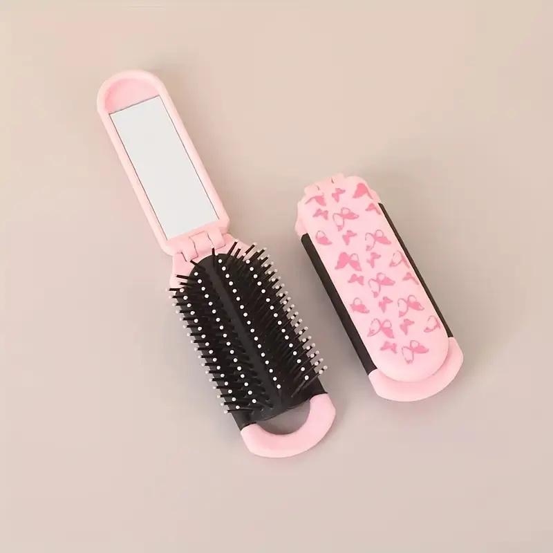BEPAN Portable Folding Hair Comb Smooth Hair Cute Cartoon Print Air Cushion Combs 2 in 1 Integrated Comb and Mirror Massage Comb