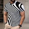 Men Plus Size Round Neck Short Sleeve T Shirt Black White Swirl Stripe Printed Pullover Straight Hem