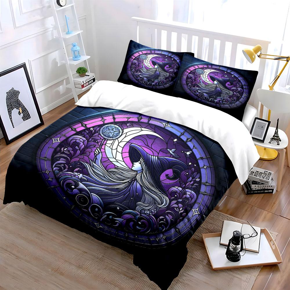 Gothic Purple Moon Witch Stained Glass Print 3Pc Bedding Set Soft Microfiber Bedding Set For Dark Aesthetic & Witchy Room Decor