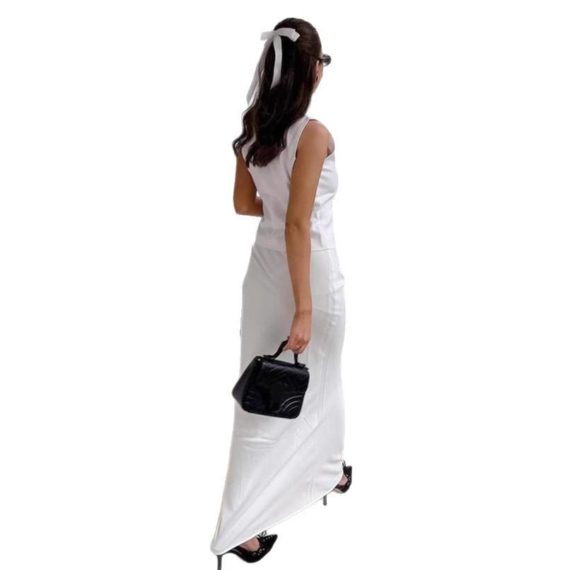 European and American Temperament V-neck Vest Suit Women's 1116 Autumn Commuter White Top Long Skirt Two-piece Women's Clothing