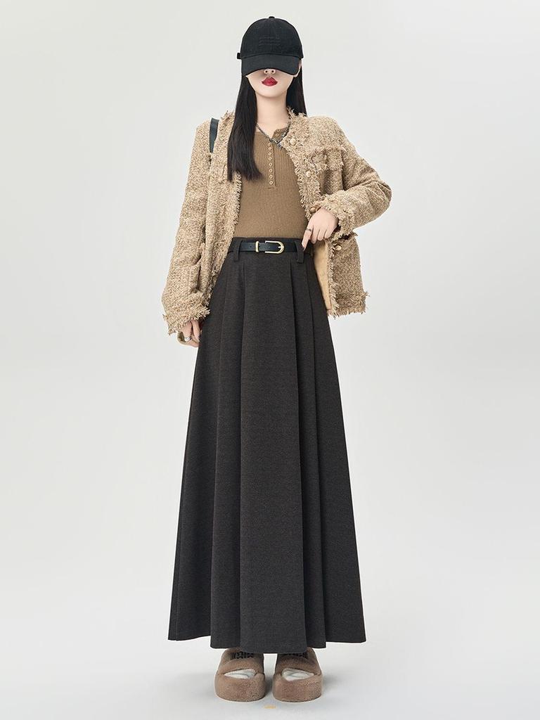 Women's High-Waist Wool Pleated A-Line Skirt - Autumn/Winter Mid-Length Swing Skirt