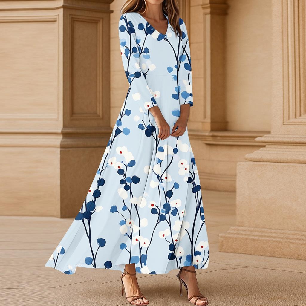 Women's Casual 3/4 Sleeve V-Neck Floral Print Maxi A-Line Beach Dress