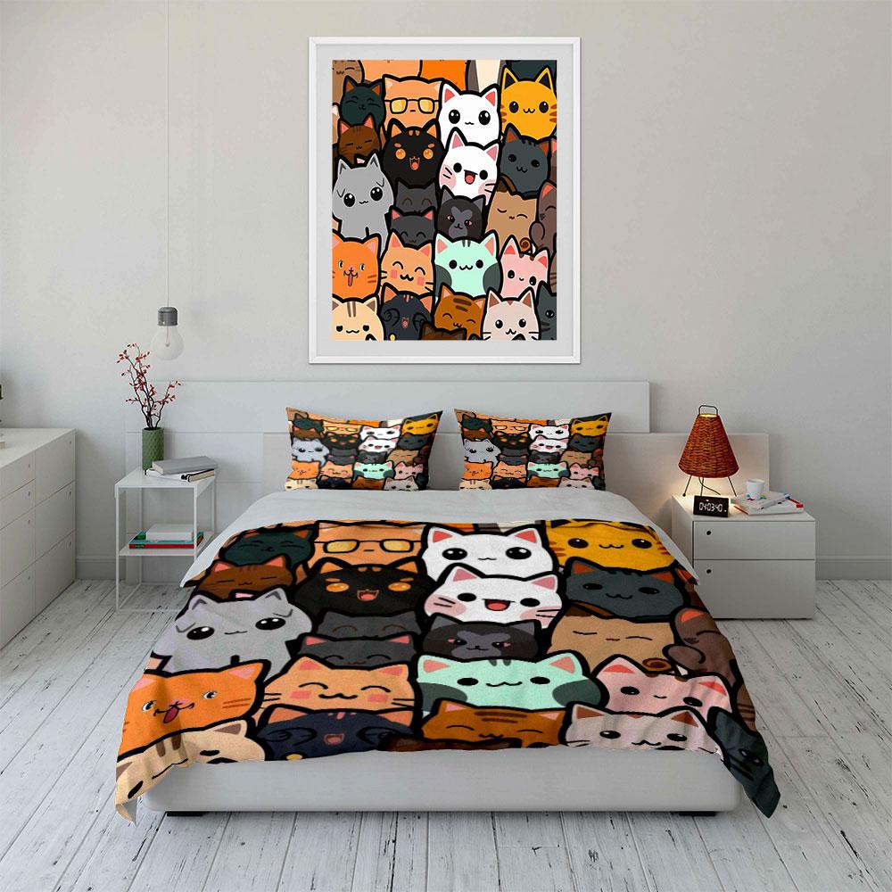 Cute Cartoon Cat Faces Bedding Bedding Duvet Cover Set Duvet Cover Pillowcases (1 * Duvet Cover 2 * Pillowcases, without duvet insert)