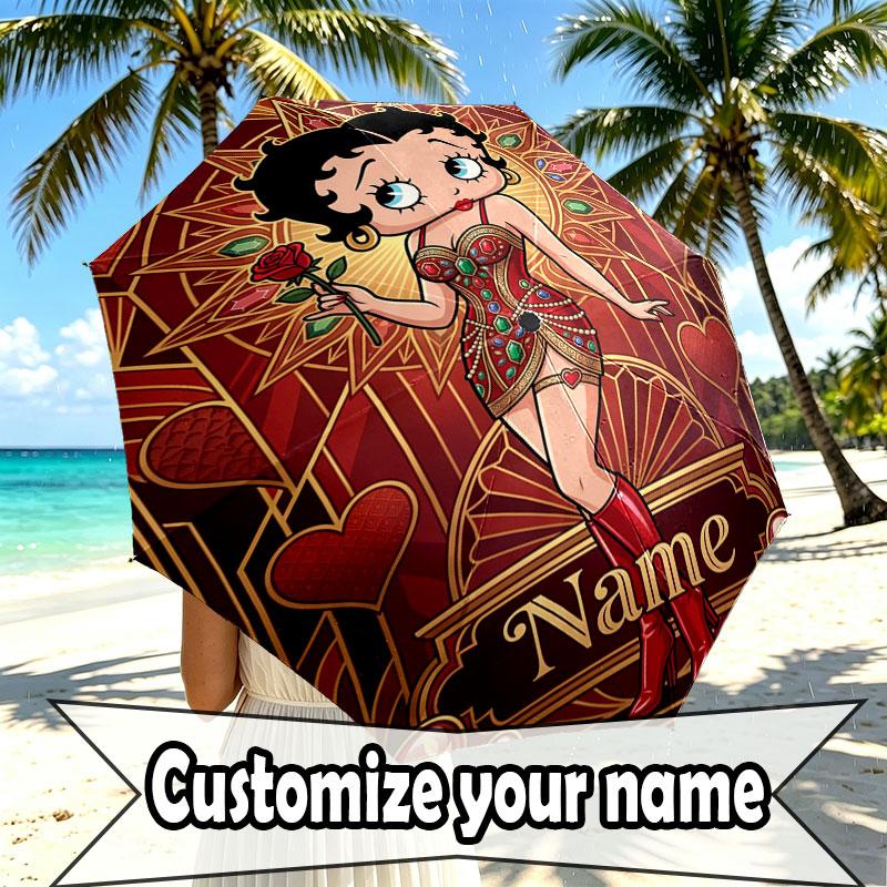 Spersonalizowany Parasol z Nadrukiem Betty Boop z Imieniem, Automatyczne Otwieranie i Zamykanie, Wytrzymały Stelaż z 8 Żebrami, do Codziennego Użytku, na Kemping i Piesze Wycieczki, Prezent Urodzinowy