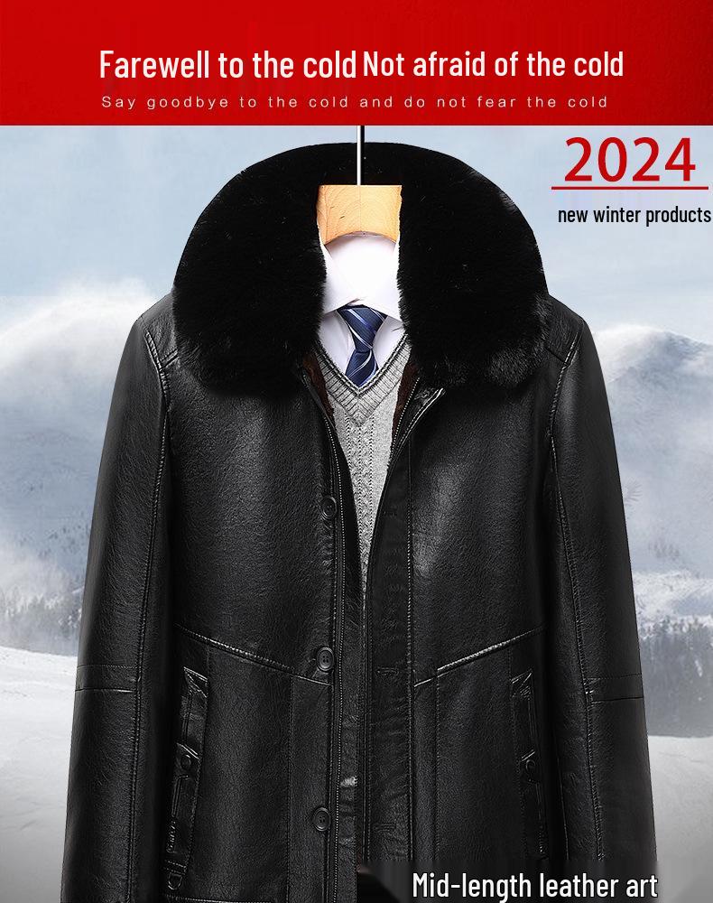 Woodpecker Men's Warm Leather Jacket for Dad and Grandpa - Plus Velvet Winter Coat