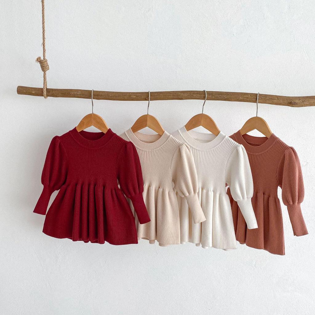 Korean-Style Puff Sleeve Sweater for Girls, 0-5 Years, Autumn Fashion, Knitted Top AY636