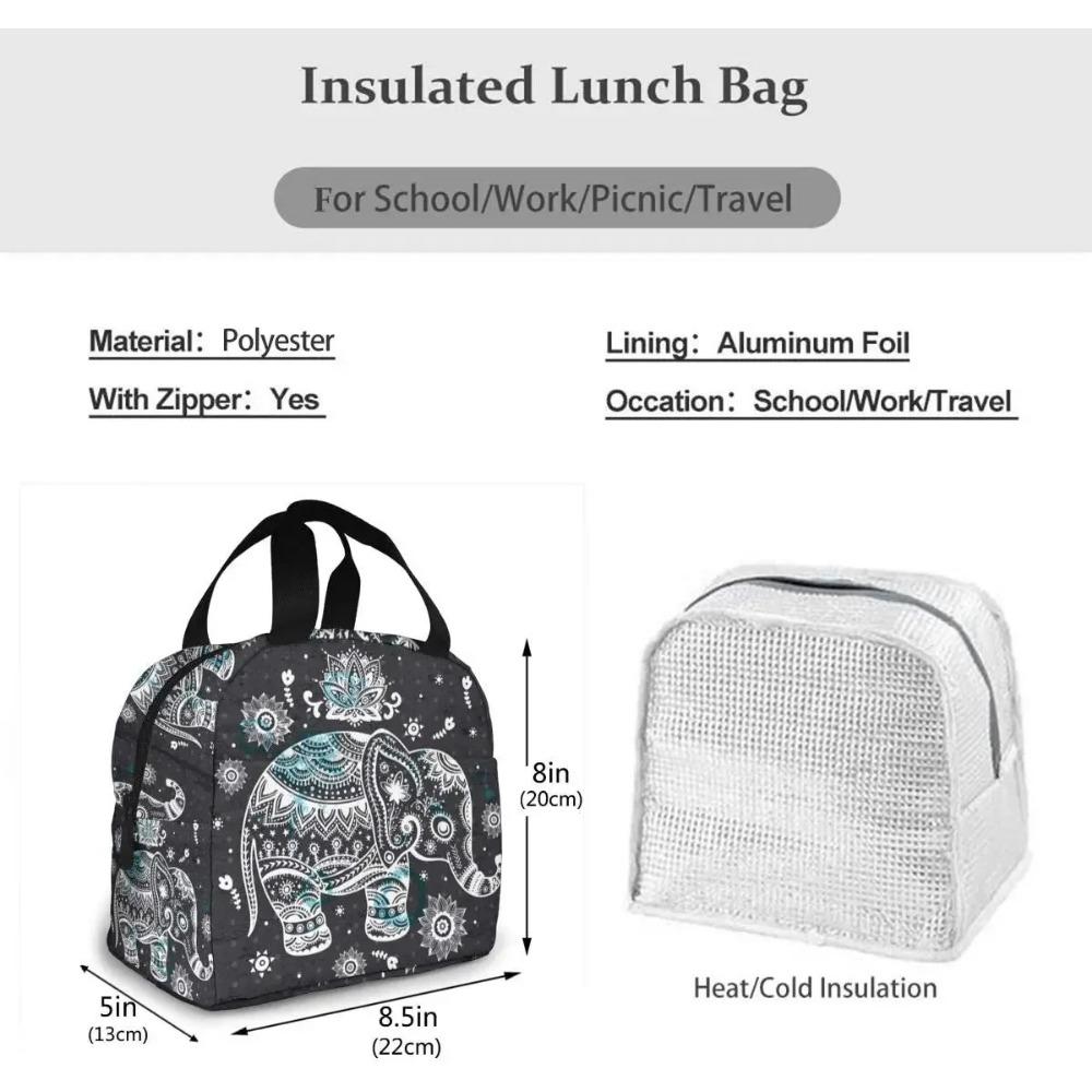 Indian African Lotus Ethnic Elephant Lunch Bag Insulated Lunch Box Cooler Tote for Picnic Camping Work Travel