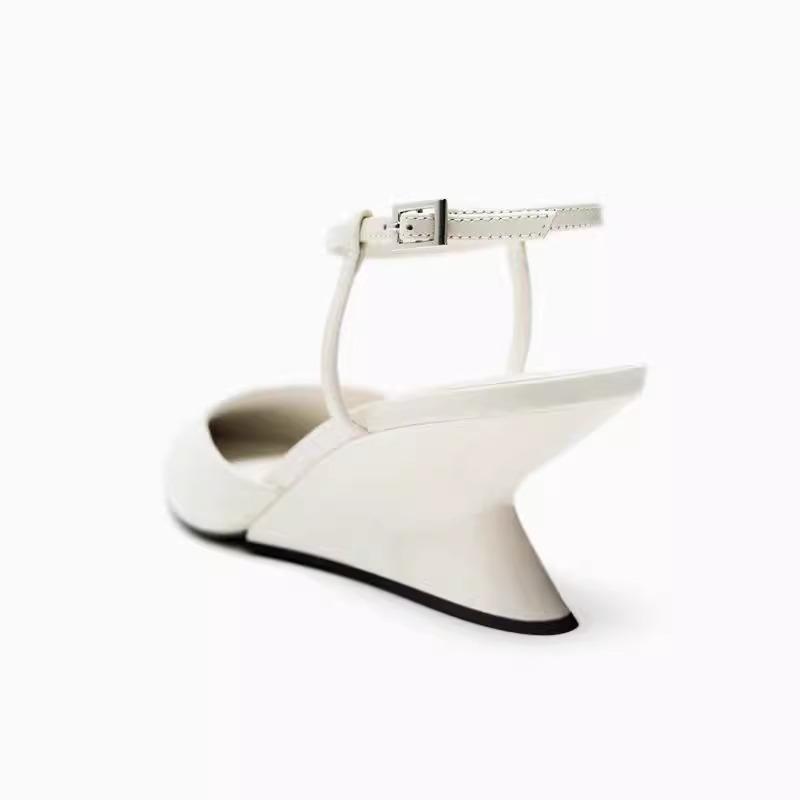 ZA2025 Summer New Women's Shoes Black Sheep Leather Wedge Heels Muller Shoes Pointed Head Shallow Mouth One-word Buckle Single Shoes