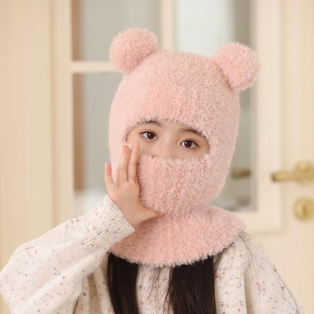 Bear Scarf Mask Integrated Hat Warm Lining Kids Balaclava Hat Autumn and Winter