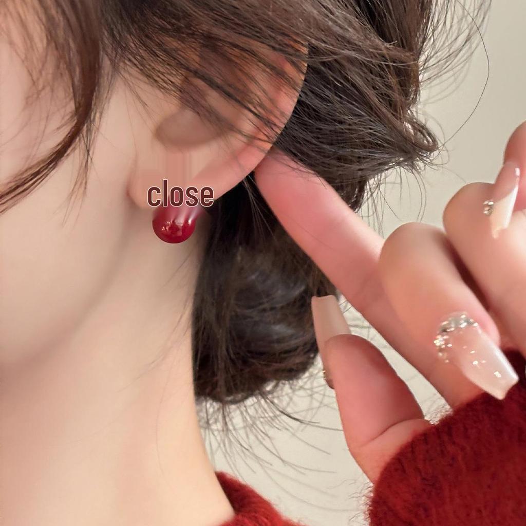 S925 Silver Butterfly Stud Earrings with Wine Red Pearl & Diamond Inlay - Retro Fashion High-End Ear Jewelry