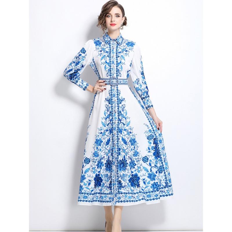 Frühling Herbst Damen Vintage Print Blau und Weiß Porzellan Laufsteg Kleider Langarm Einreiher Lang Maxi Party Hemdkleid