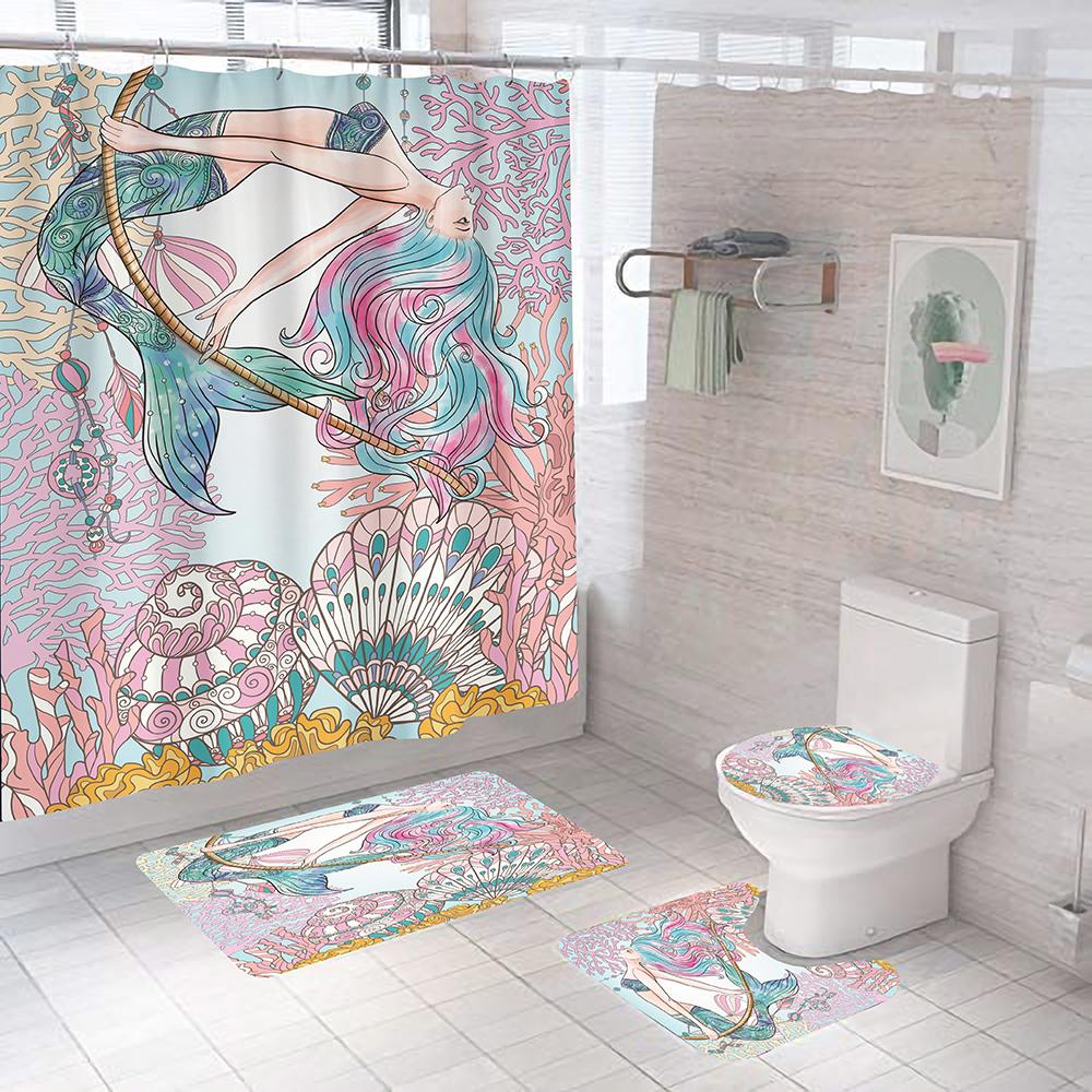 Sexy Mermaid Print Shower Curtains Set High Quality Bathroom Curtain Set Anti-Slip Bath Rug Mat Soft Carpet Toilet Lid Cover