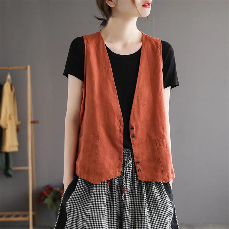 Summer Retro Cotton Vest Women's Loose Thin Versatile Sleeveless Coat Solid Color Casual Waistcoat Tops Cardigan Short Jackets