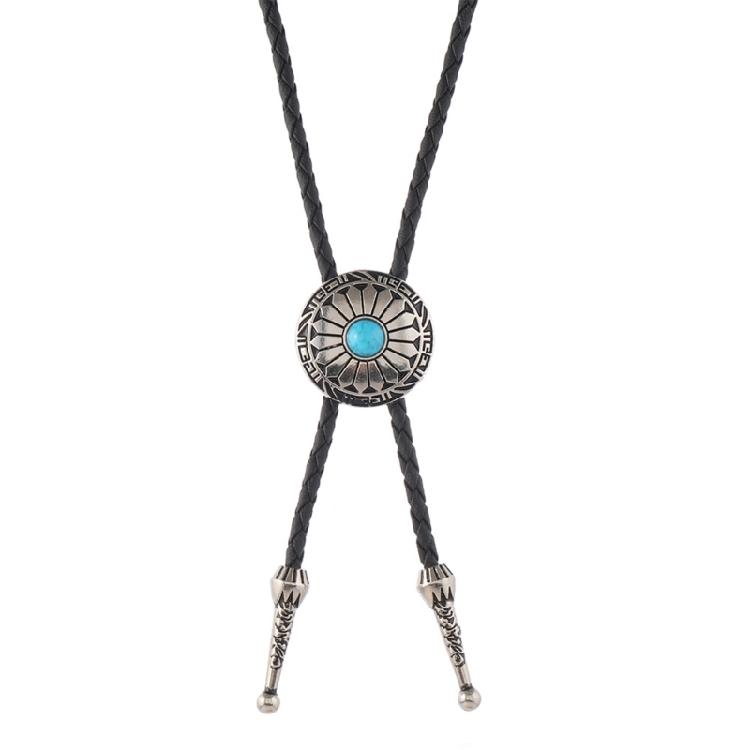 Turquoises Flower Pendant Bolo Tie Necklace For Men Women Cowboy Adjustable Leather Cord Necktie Casual Evening Wear