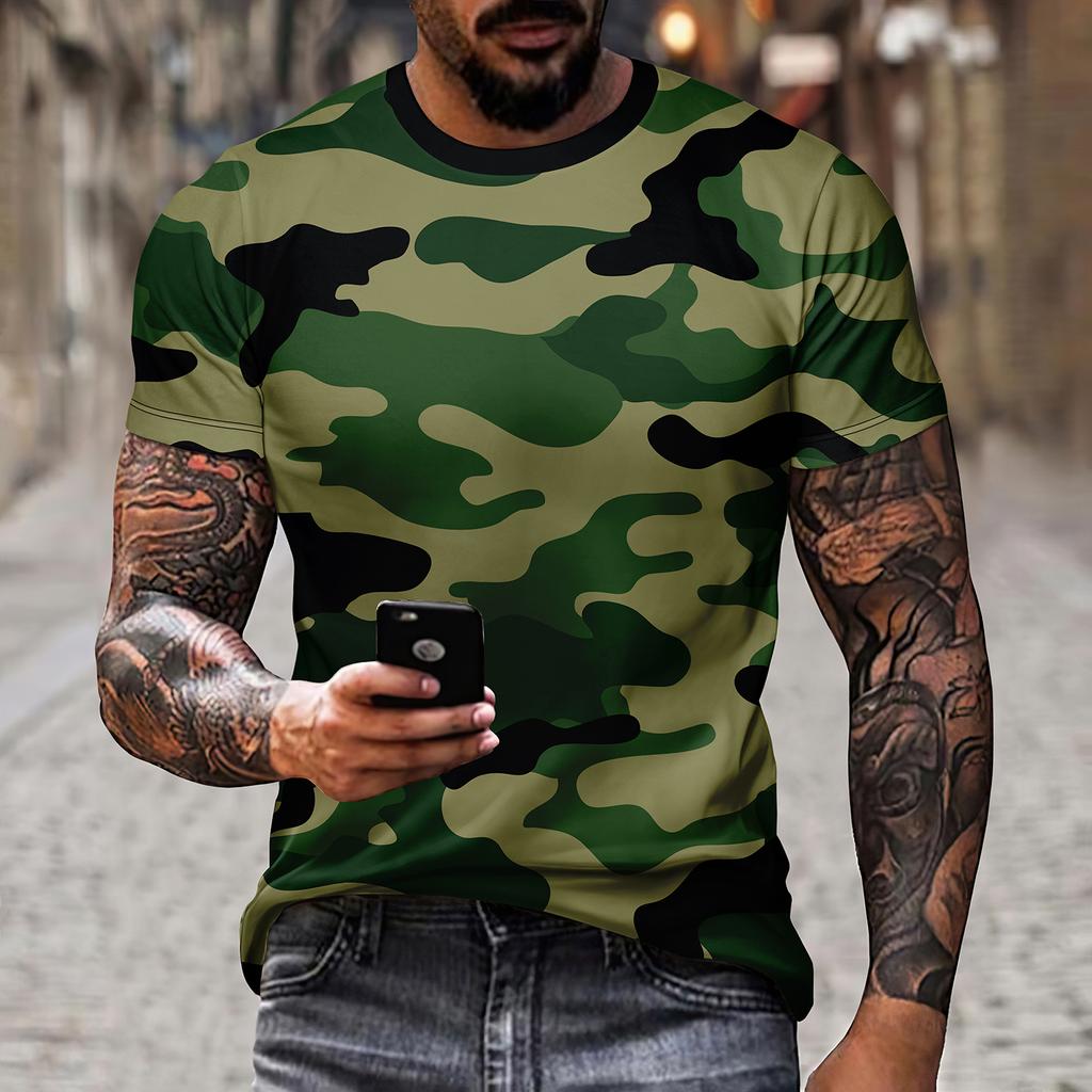 Men's Camouflage Pattern Short Sleeved Top T-shirt, Wilderness Tough Man, Sea, Land, and Air Full Range Combat Clothing
