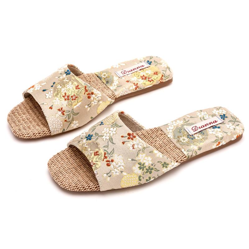 

Women s Embroidery Open Toe Indoor Slippers Embroidered Floral Satin Upper Linen Bottom Slides Summer Beach Flat Slides Slip on Dress Shoes for Women 36/37
