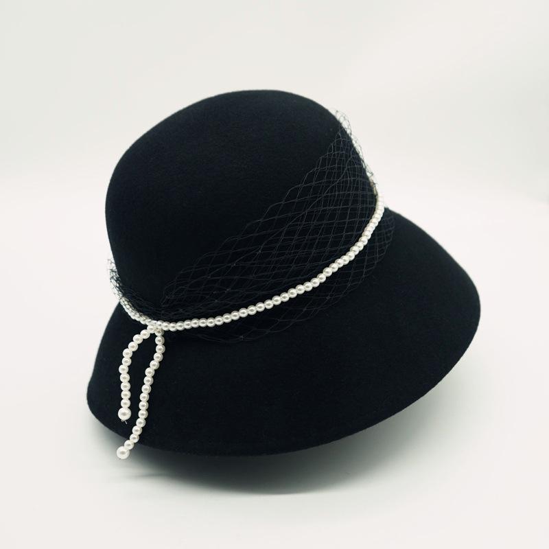 French Elegant Black Pearl Mesh Basin Hat Women'S Autumn And Winter Wool British Versatile Vintage Hepburn Fisherman Hat