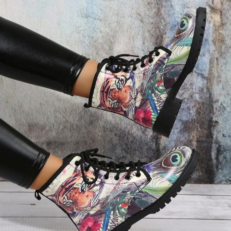 European and American Large Size Lace-up Thick Heel Bank Short Boots Women's Autumn Round Head British Fashion Martin Boots Leather Boots