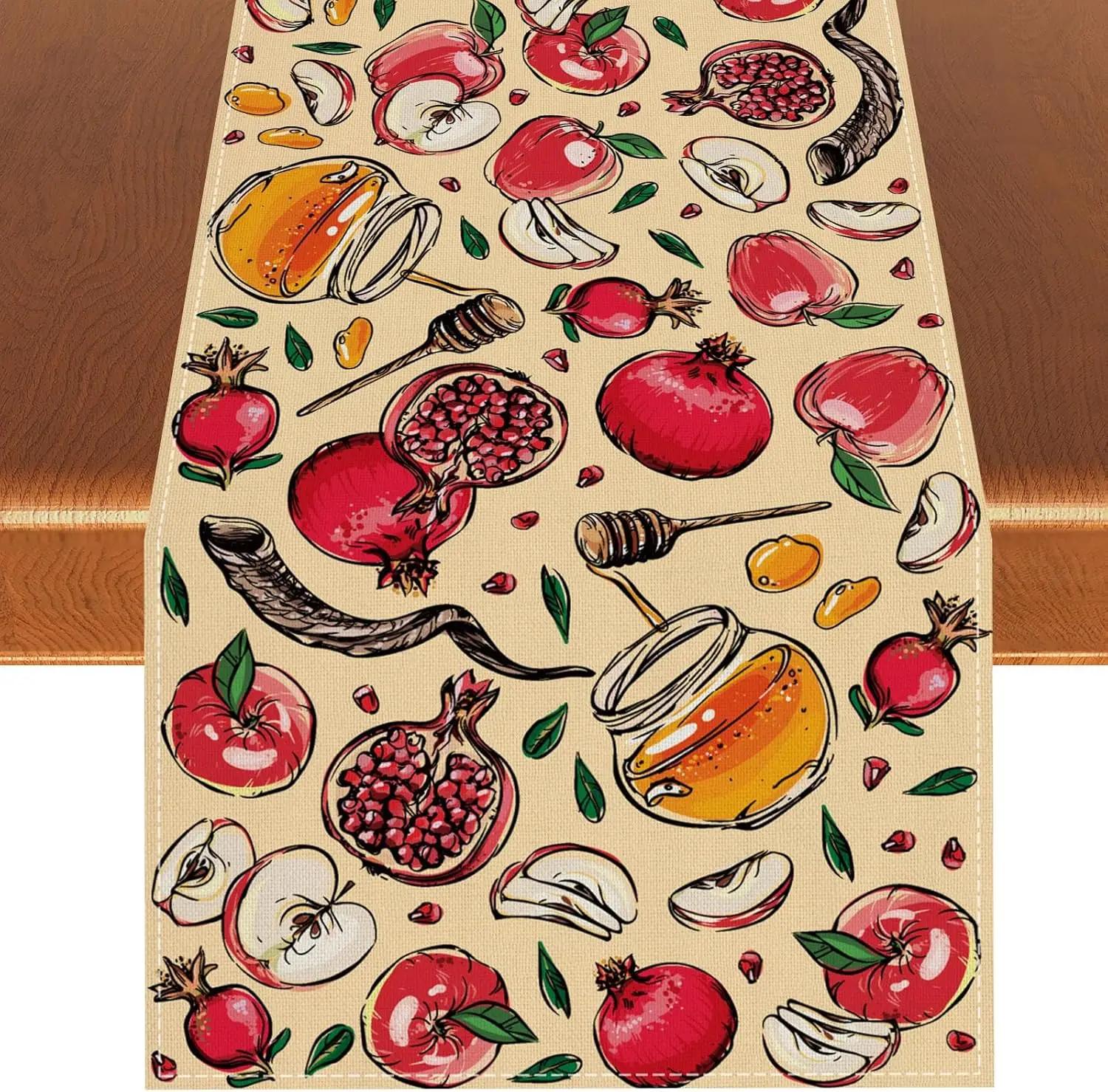 Rosh Hashanah Granaatappel Hoorn Honing Tafel Runner Joodse Feestdecoratie Herbruikbare Keuken Eetkamertafel Runner Shana Tova Decor 150x33cm