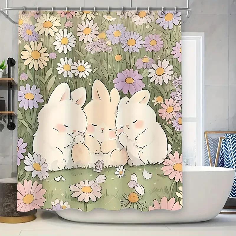 Chic Bunny Flower Shower Curtain For Home Decor - Cute Cartoon Design Waterproof Bathroom Mat For Kids And Adultsrustproofhooks