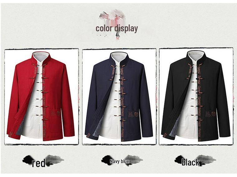 Men's Embroidered Tang Suit Set: Long Sleeve Hanfu Overcoat for Spring & Autumn