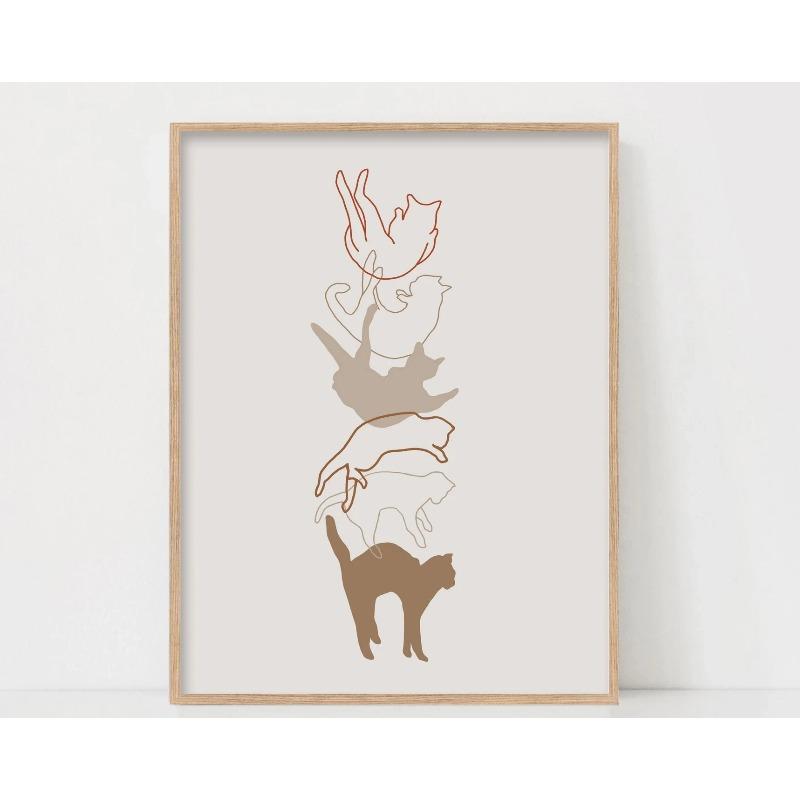 Cute Cat Print Poster Simple Cat Lines Love Sunflower Cat Wrestling Cat Cat Lover Gift Home Bedroom Living Room Office Decor