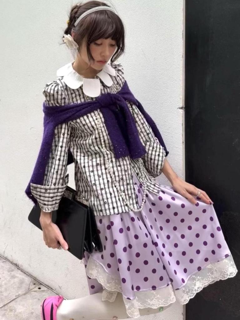 French Polka Dot Lace Patchwork Irregular Purple Midi Satin Skirt for Early Autumn