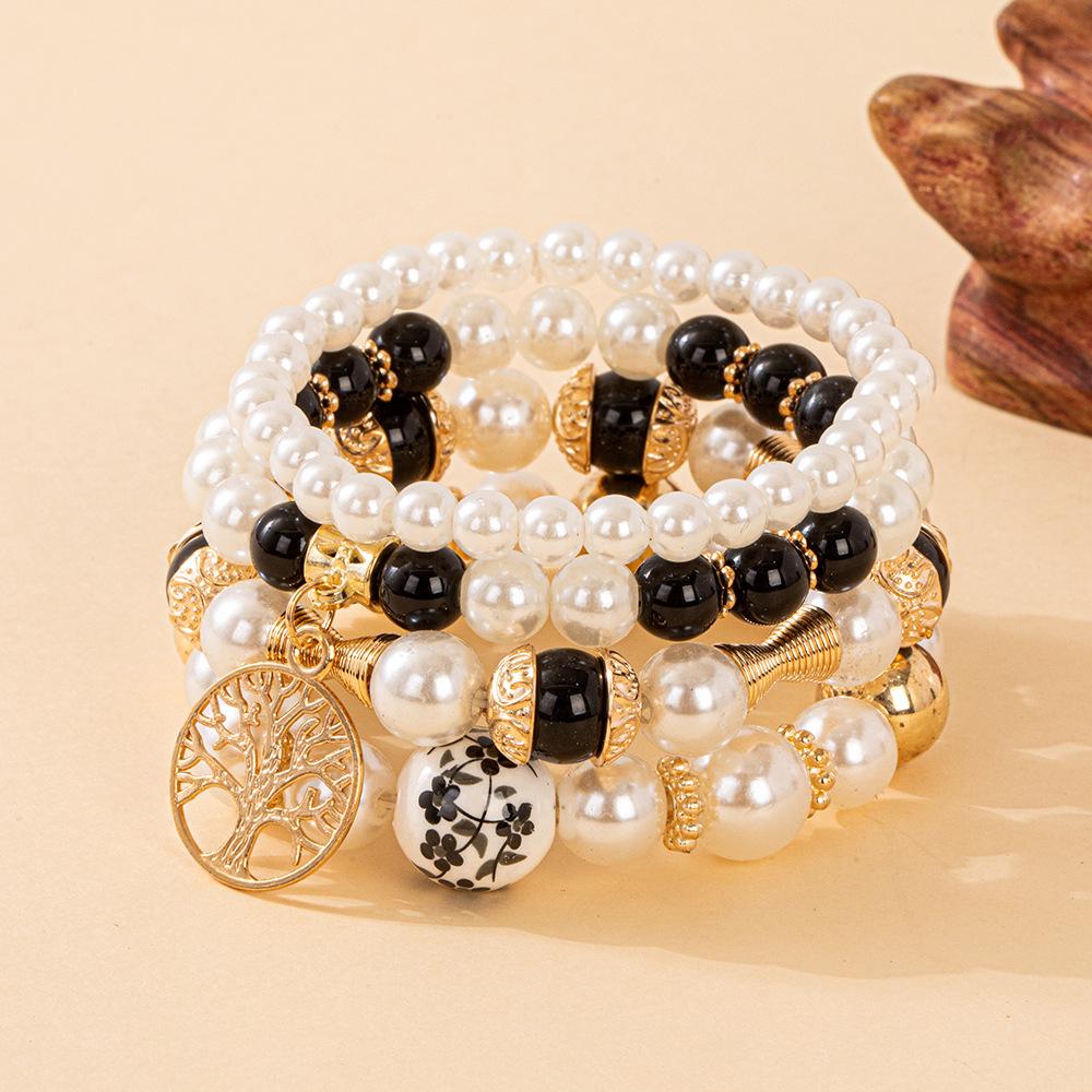 Bohemian Beaded Bracelet Set with Tree of Life Pendant and Faux Pearls