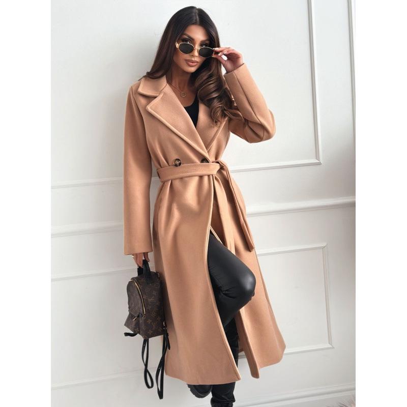 2024 Autumn/Winter Simple Solid Color Double-Breasted Wool Blend Lapel Tie Coat