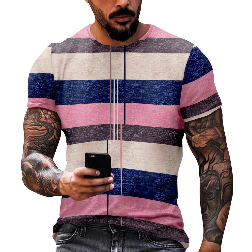 Fashion Striped Print - Men's Casual Round Neck Short Sleeved T-shirt