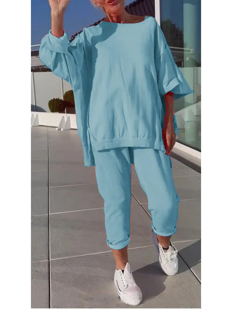 2025 Women's Casual Solid Color Long Sleeve Top and Pants Set - European & American Style