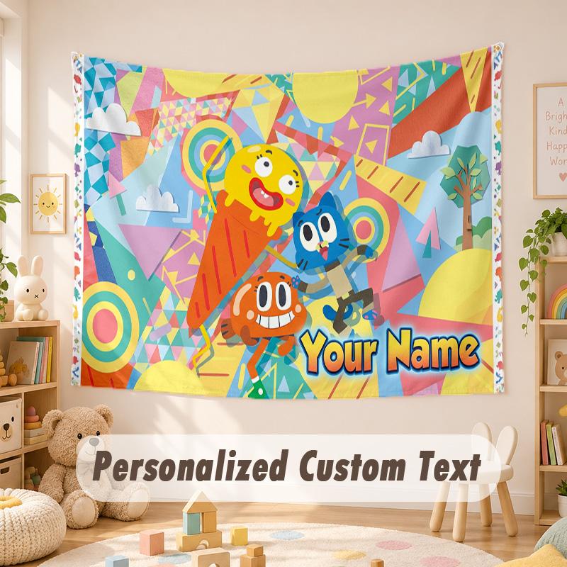 Arazzo con Testo Nome Personalizzato, Incredibile Mondo di Gumball Boho da Appendere al Muro, Arazzo Decorativo da Sfondo per Stanza