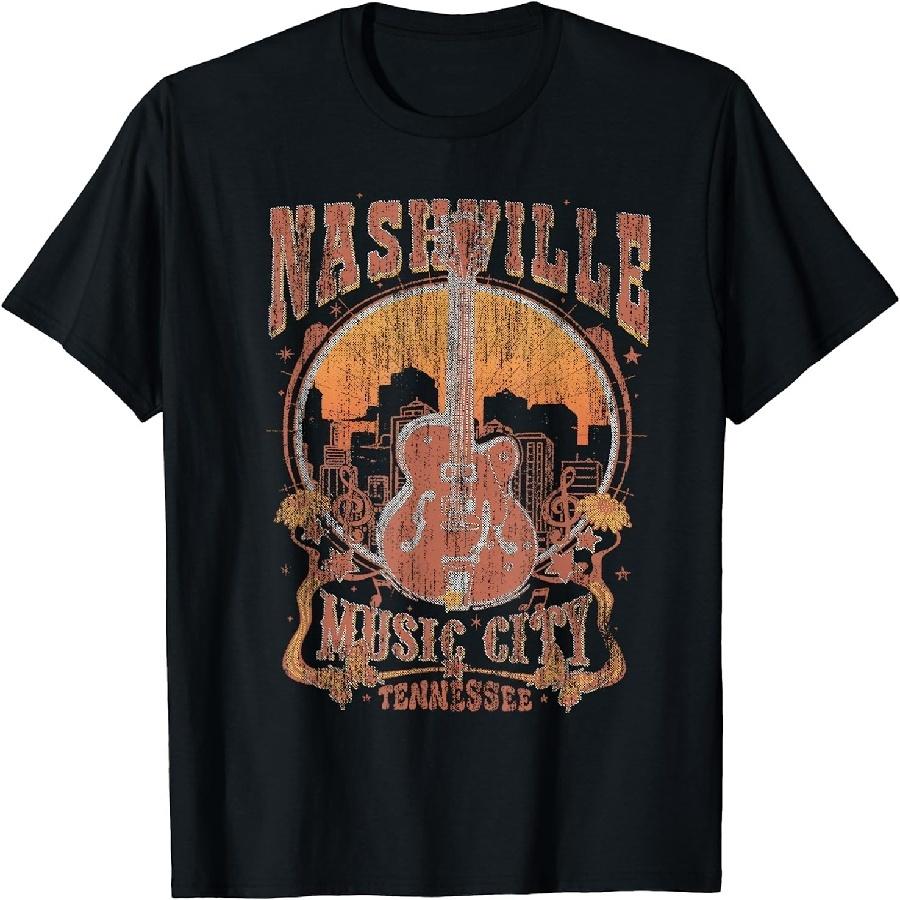 HERSIL Nashville Tennessee Guitar Country Music City Guitarist Gift T-Shirt S